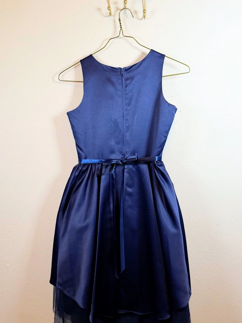 Rare Editions Navy Satin High-Low Party Dress with Beaded Waist. Size 16 Girls
